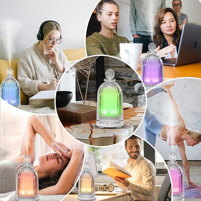 120ml Glass Diffuser, Ultrasonic Aroma Diffusers Cool Mist Humidifier with Glass Cover & Plastic Reservoir with 7 Color LED Lights, Auto Shut-Off for Office, Home, Yoga, Spa(Black Bottom)