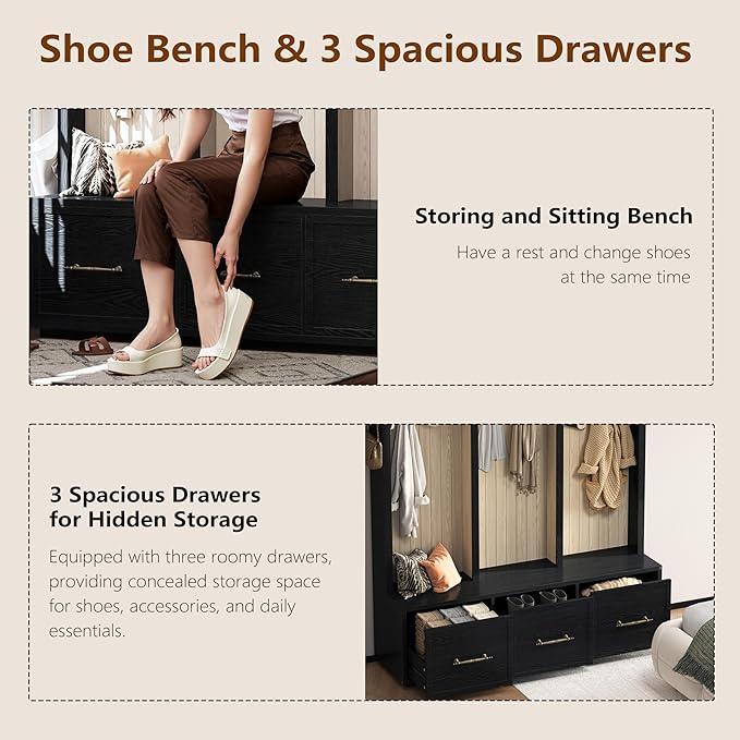 Bellemave Farmhouse Hall Tree with Bench and 3 Drawers, Entryway Bench with Coat Racks and Shoe Storage, 4 Hooks and Shelves (Black)