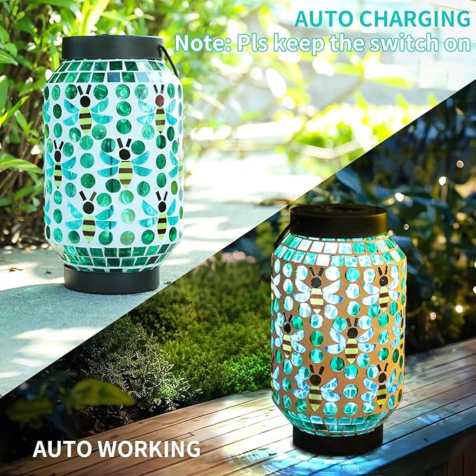 Bshine Mosaic Solar Lantern Outdoor Hanging Waterproof, Ladybug Mosaic Light Indoor Decorative Table, Garden Decor for Yard Outside, Path, Pathway, Courtyard, Lawn, Birthday Gift for Mom Women
