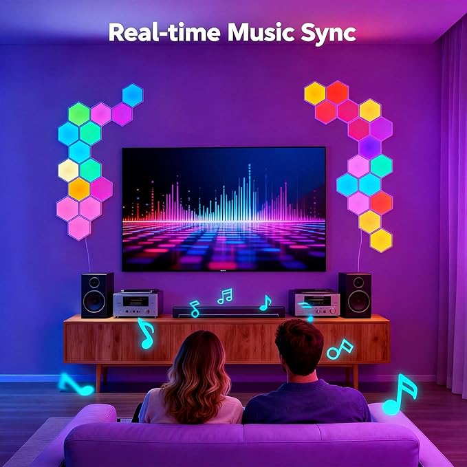 TISOFU Hexagon LED Lights - Big Hexa RGB Wall Panels 8 Pack, Wi-Fi Smart Home Creative Wall Light with Music Sync & APP, Works with Google Assistant & Alexa for Gaming Decor, Bedroom, Gift