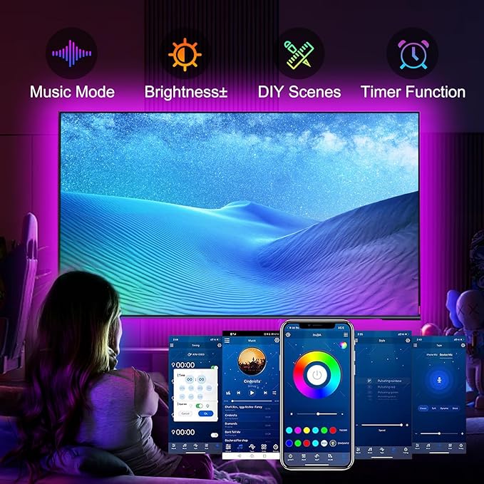 VOLIVO LED Lights for TV, 15FT Led Backlight for 45-65 inch TVs, Bluetooth RGB LED Lights Behind Television with Remote, USB Powered, Color Changing, Music Sync, for Gaming Room,Desk,Under Table