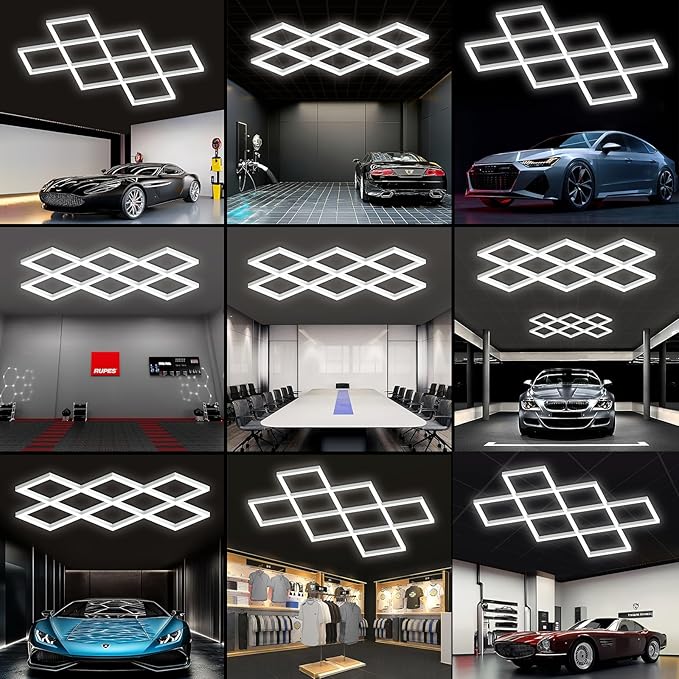 Hexagon LED Garage Lights 8 Hex Ultra-Bright Strip Lights New Updated Diamond Commercial Lighting for Garage Car Detailing Barber Shop Gym Warehouses Basement.