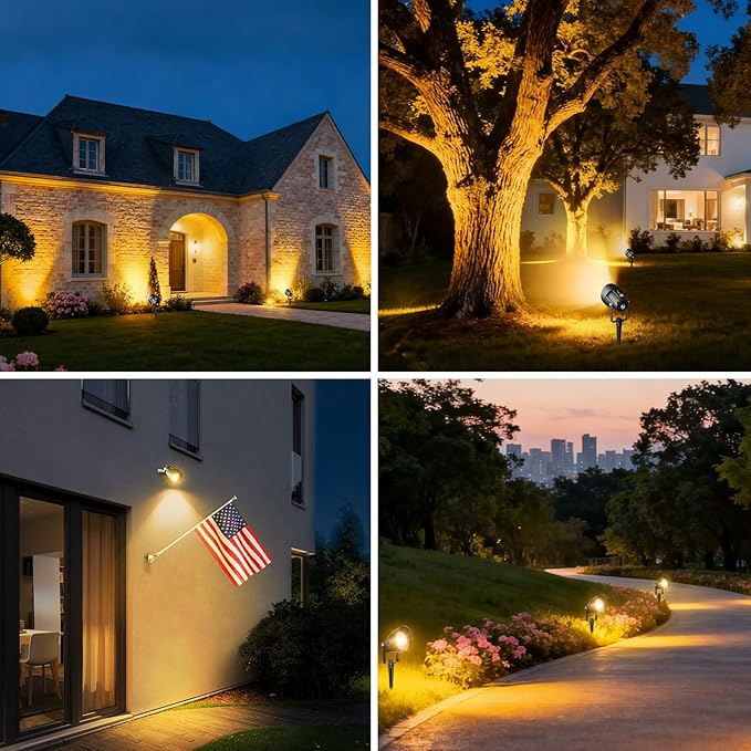 Landscape Spot Lights Outdoor, Dusk to Dawn Outdoor Lighting with IP65 Waterproof, Auto On/Off 3000K Warm White Plug in Spotlight for Yard Tree Wall Pathway Flag Pole House, 4 Pack
