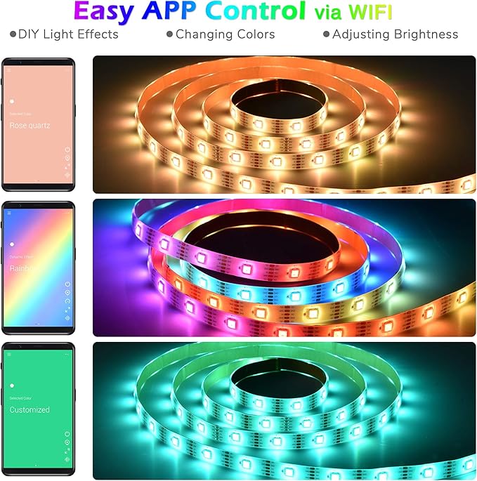 Yescom APP Control LED Strip Light 6.6ft Music Sync Color Changing WiFi Smart 60 LEDs Ambient Lamp Compatible with Alexa & Google Assistant for Bedroom Gaming Room