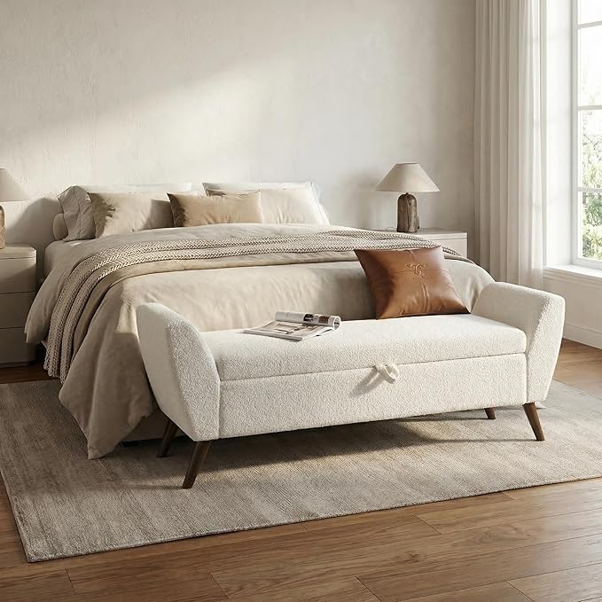 60'' Modern Upholstered Storage Ottoman Bench with Mid-Century Wood Legs, Entryway Bench with Hidden Storage for Living Room, Bedroom, and End of Bed, Comfort Padded Seat (B-White)