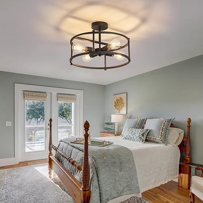 Industrial Semi Flush Mount Ceiling Light,4 Light Rustic Metal Ceiling Light Fixture,Black Farmhouse Chandelier for Kitchen Island Dining Room Hallway Entryway Bedroom Living Room.