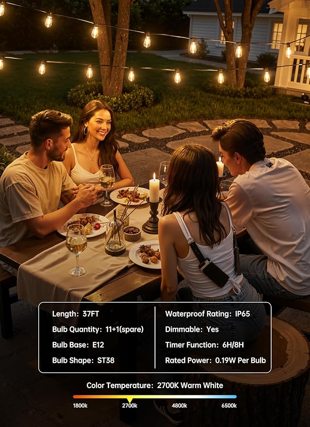 Minetom 37FT Outdoor String Lights with Remote, 11+1 Shatterproof ST38 LED Bulbs, Waterproof Patio Lights with 3 Modes, Dimmable & Connectable 2700K Hanging Lights for Backyard Porch Deck Balcony