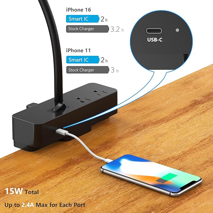 LED Desk Lamp for Home Office, Eye-Caring Clip-On Desk Light with Flexible Gooseneck, 2AC&1USB-C Charging Port, 3 Brightness & 3 Color Modes, Eye-Caring Table Lamp for Study, Reading and Dorm (Black)