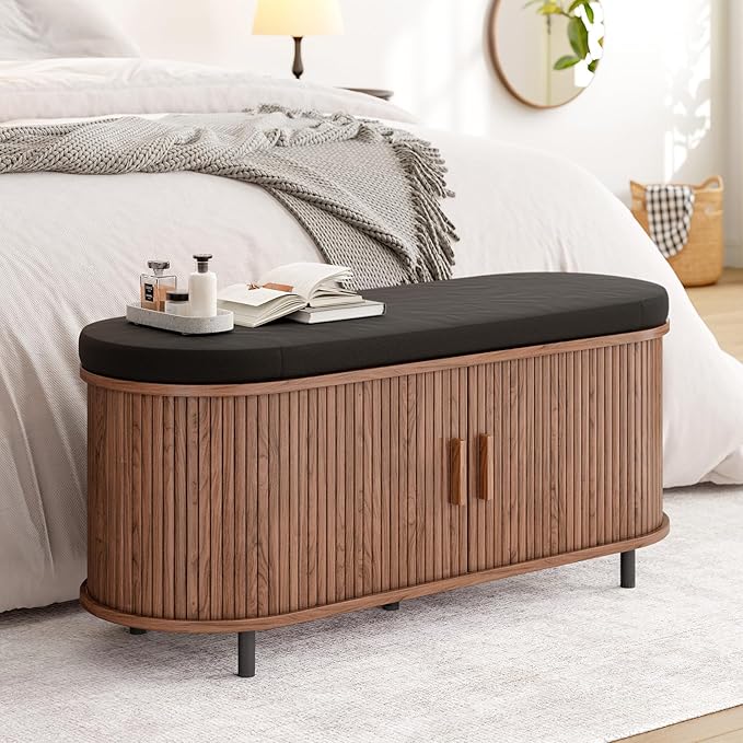 ONBRILL 43" Shoe Bench with Storage, Fluted Shoe Storage Bench with Cushion, Sliding Door and Adjustable Shelf, for Entryway, Hallway, Living Room, Walnut