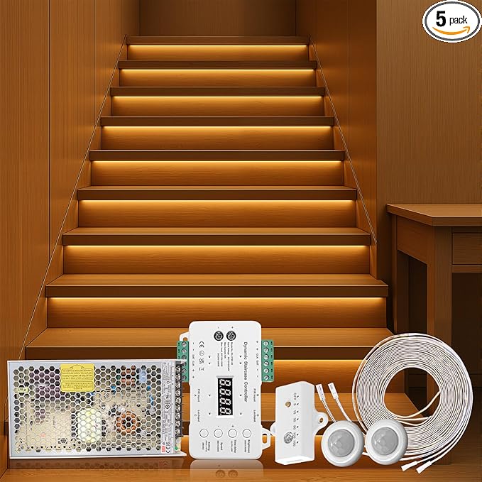Intelligent Motion Triggered LED Stair Lighting Kit, 60 Inches Long Cuttable LED Strip Light for Indoor Stair Lights (Warm White 3000K, 16-20 Stairs)