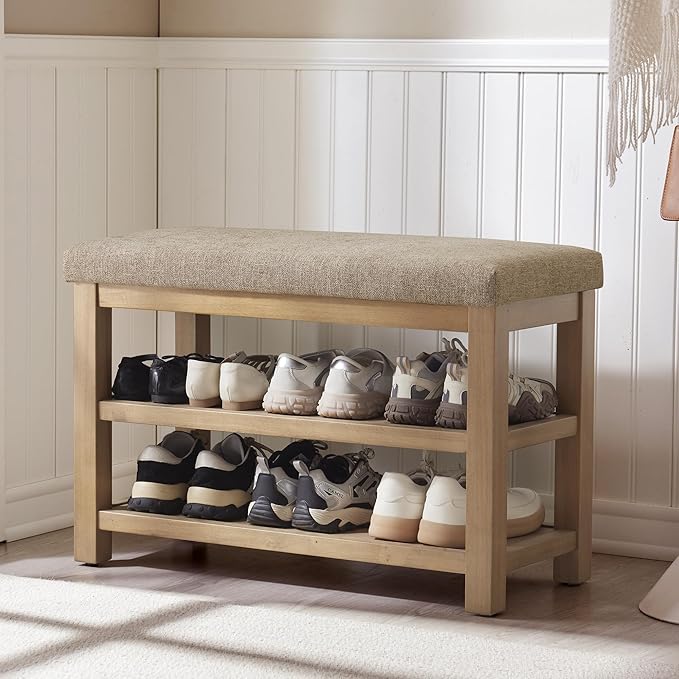 2 Tier Shoe Rack Bench with Cushion, Solid Wood Shoe Benches, Mid-Century Modern Shoe Storage Bench for Entryway, Hallway, Living Room, Closet, Front Door Entrance, (Brown, 31.5")