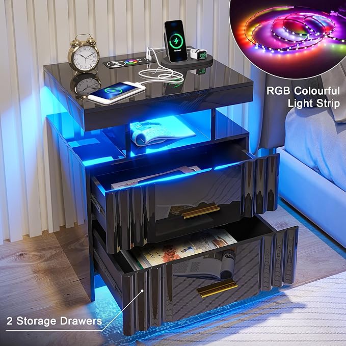 Nightstand with Wireless Charging Station,Set of 2 Bedroom Bedside Table with RGB Lights, Smart Night Stand with 2 Drawers, Bedside Tables Modern Bedside Table for Bedroom, Living Room(Black)