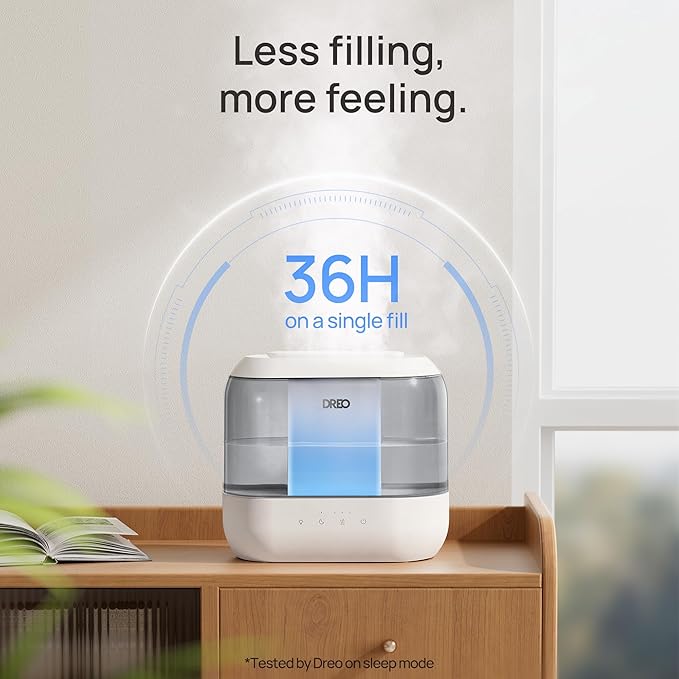 Dreo Humidifiers for Bedroom, 4L Top Fill for Large Room, 36H Runtime, 28 dB Quiet Supersized Cool Mist Air Humidifier for Baby Nursery, Plants, Indoor, Night Light, Easy to Clean & Fill, Gray