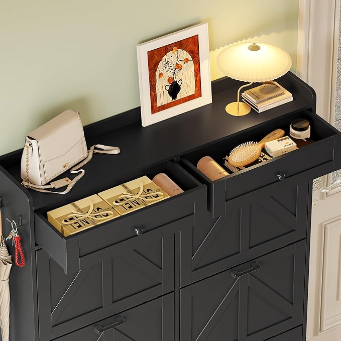 Shoe Cabinet for Entryway, Farmhouse Shoe Storage Cabinet with 6 Flip Drawers and 2 Top Drawers, Tall Narrow Shoe Organizer Cabinet with Adjustable Shelves, Side Hooks and Anti-Tip Kit