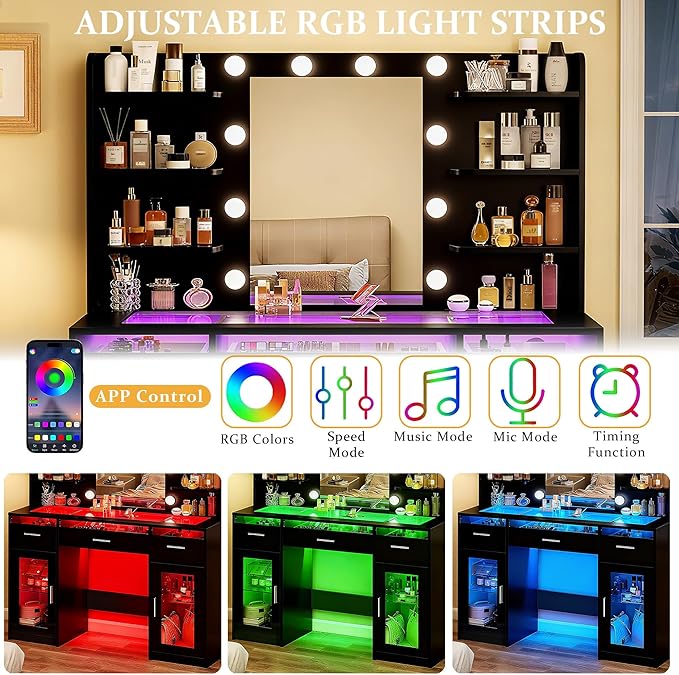 Vanity Desk, Makeup Vanity Desk with Mirror and Lights 3 Colors, Transparent Top with 3 RGB Drawers, 6 Shelves, 2 Large Tempered Cabinets, Power Outlet, for Bedroom, Black