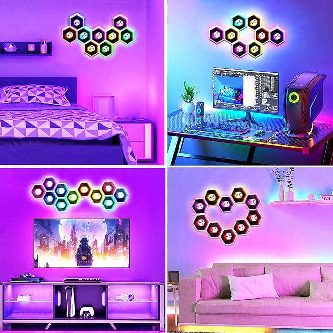 Hexagon LED Lights - 12 Pack Smart APP RGBW Gaming LED Light with Remote Control & Music Sync Honeycomb Shape Hexagon Wall Lights for Bedroom, Living Room Wall, Gaming Decor