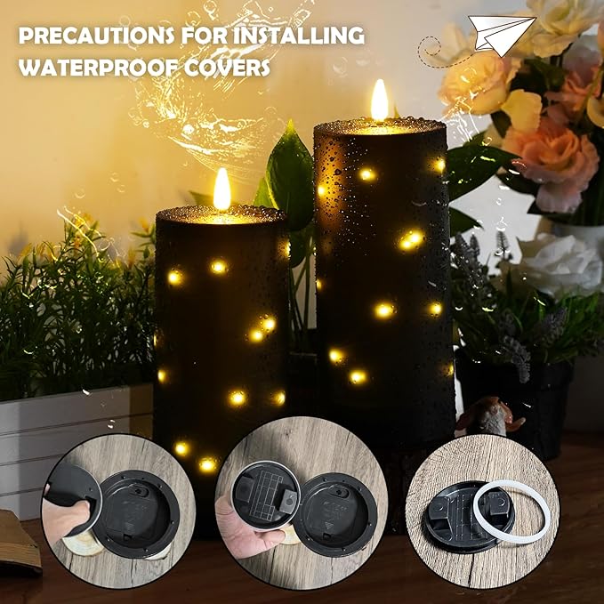 10" x 4" Large Outdoor Waterproof Flickering Flameless Candles with Timer,4Pcs Battery Operated LED Pillar Candles with Embedded Star String for Outdoor Lanterns,Porch,Patio Decor(Black)