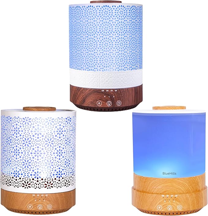 BlueHills Premium 2500 ML Set of 3 Extra Large Essential Oil Diffusers for Big Rooms High Mist Output Huge Capacity Adjustable Cool Mist Great Gift - Dark Wood design, Wood grain and Wood grain design