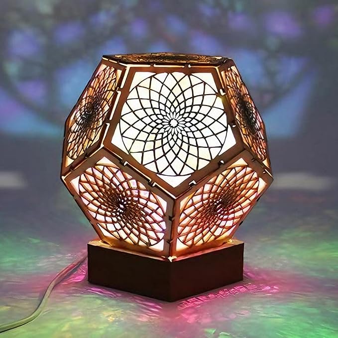 Starlight Projector Lamp,Boho Ambient Lighting Infinity Dodecahedron Art Night Light, Wooden Colorful LED Lights for Bedroom Vintage Room Decor Aesthetic Unique Gifts (Pentagonal)