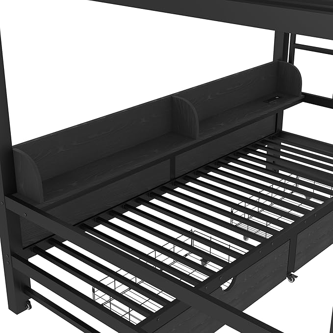 Bellemave Queen Over Queen Metal Bunk Bed with Storage Drawers and Shelves, Heavy Duty Bunk Beds with LED Lights and Charging Station for Kids,Adults,Convertible into a Sofa Bed,Black