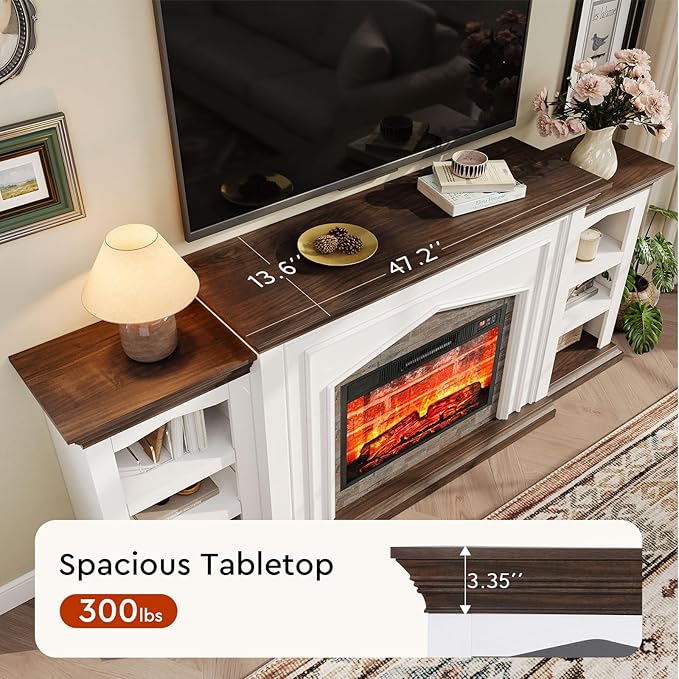 LGHM 80" Fireplace TV Stand for TVs Up to 90 Inch, Electric Fireplace with Mantel, Farmhouse Entertainment Center with Storage, Fireplace Heater Insert with 3D Flame Effect for Living Room