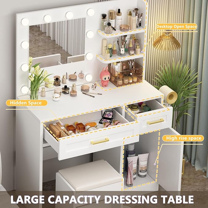 Vanity Desk with Mirror and Lights & Power Outlet, Makeup Desk with Drawer & Storage Shelves, 3 Lighting Modes Adjustable Brightness, Modern Gold Handle Dressing Table with Vanity Chair Bedroom