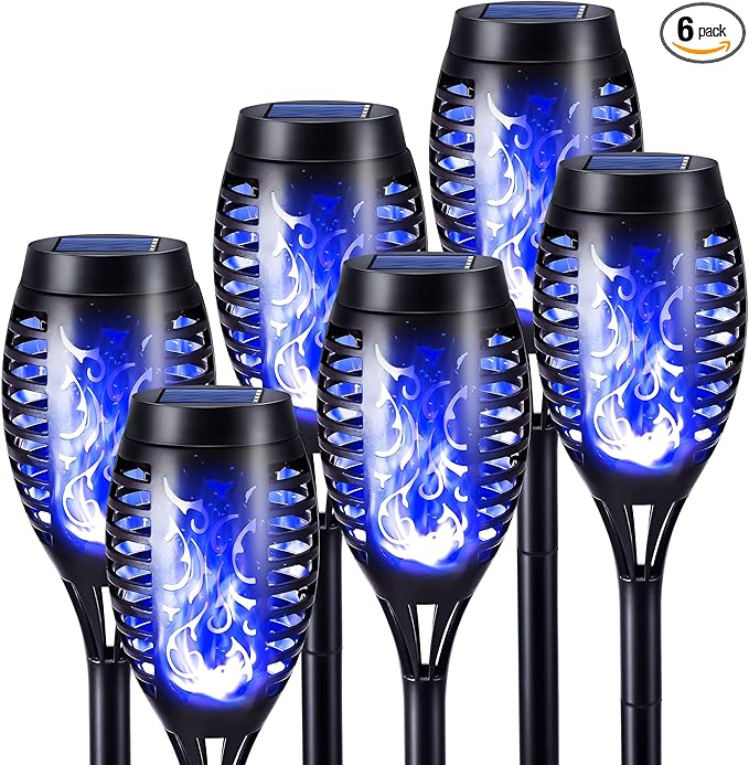Toodour Solar Torch Flame Lights, 6 Pack Solar Lights Outdoor with Flickering Flame, Waterproof Solar Pathway Light Landscape Decoration Lighting for Garden, Lawn, Yard, Outdoor Decor - Blue