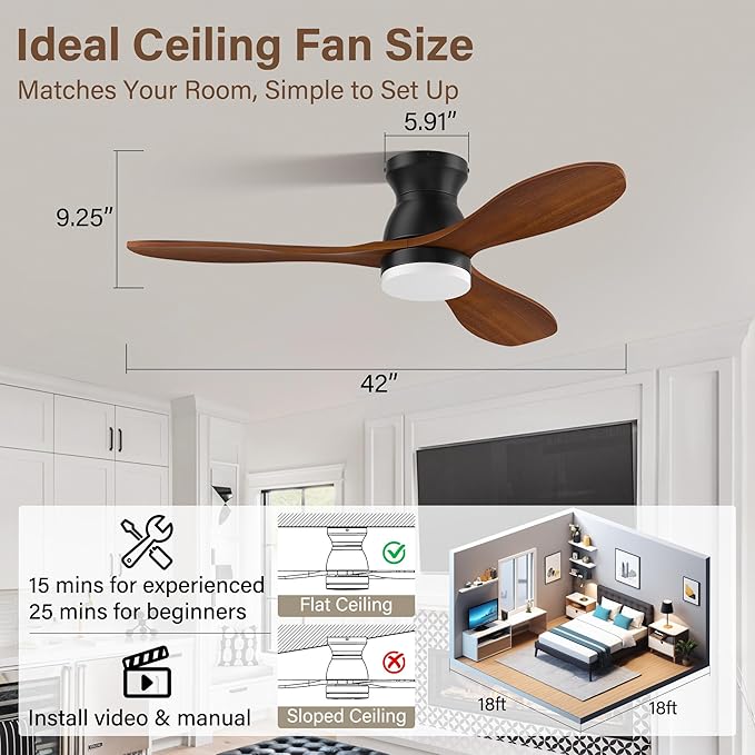 42 Inch Smart Ceiling Fans with Lights and Remote/Alexa,APP Control,Wood Flush Mount Hugger Ceiling Fan with Quiet DC Motor,Dimmable,Outdoor Indoor Low Profile Fan for Bedroom,Living Room,Patio,Porch