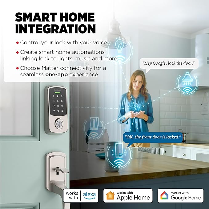 Kwikset Aura Reach Smart Lock Matter Over Thread and Bluetooth Enabled Keyless Entry Door Lock Deadbolt, BHMA Certified, Proximity Wakeup, Geofence Auto-Unlock Satin Nickel