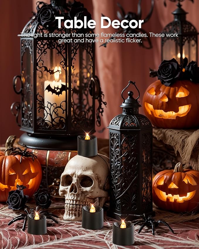 Homemory 12Pack 400+Hour Remote Control Flameless Candles, 2/4/6/8H Timer Led Votive Candles, Battery Operated Tea Lights for Wedding Table Centerpiece, Holidays, Halloween Pumpkins-Black Base