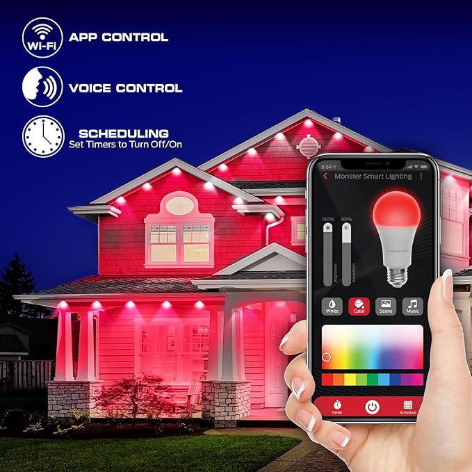 Monster Smart Permanent Outdoor Lights, 50ft, 36 LED Eaves Lights, RGB+IC+WW, Weather & Water Resistant, App & Voice Control, Compatible with Alexa and Google, for Halloween, Christmas & Year-Round