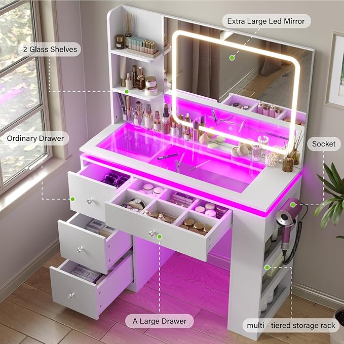 Vanity Desk with Mirror and Lights,Transparent Top Vanitys with 2 RGB Drawers, A Variety of Lighting Modes Brightness Adjustable,Power Outlet, Side-Mounted Large-Capacity Storage, White