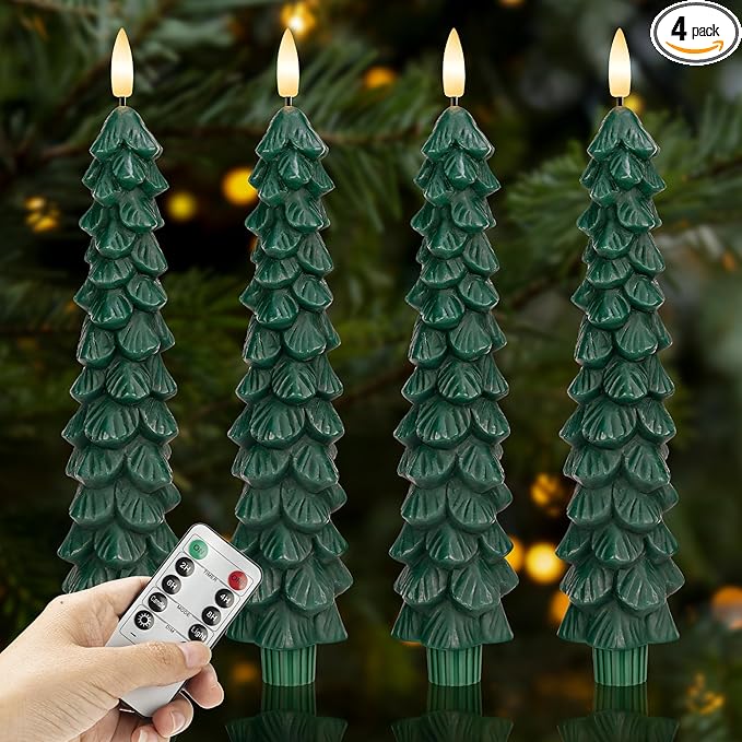 Christmas Tree Candles with Remote, 4 Pack Green Flameless Taper Candles Battery Operated, Real Wax 9.6 Inch Flickering Led Christmas Tree Candlesticks Decorations for Winter Home Holiday Xmas Gift