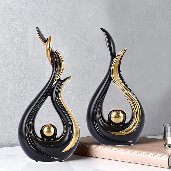 Black and Gold Abstract Ceramic Sculptures 2 Set,Modern Home Decor Dining Table Objects,Ceramic Art Statue for Coffee Table, Shelf, Dining Room, Kitchen, Tv Stand, Entryway Or Desktop Display