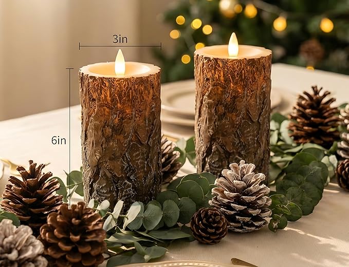 Pine Flameless Pillar Candles Flickering with Remote Timer, Battery Operated LED 3D Moving Flame Real Wax Candles, Set of 2, D3 x H6,Remote Included (Pine)