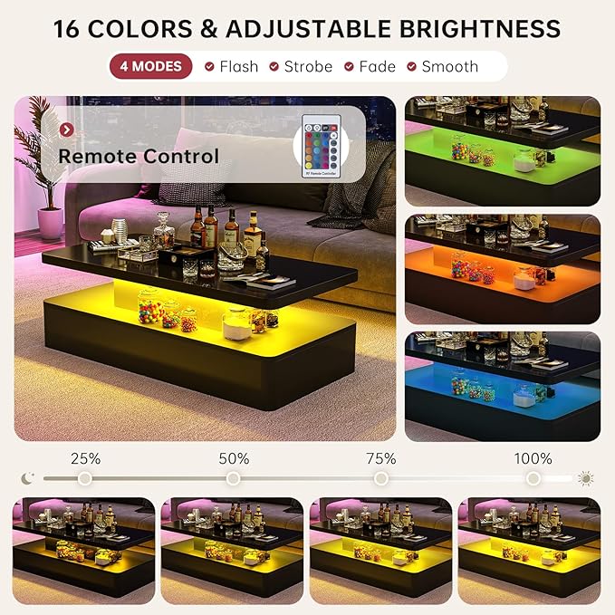 oneinmil Modern LED Coffee Table, 40" Living Room Tables with 16 Colors LED Lights, Double-Layer Design, Stylish Coffee Tables for Living Room, Black