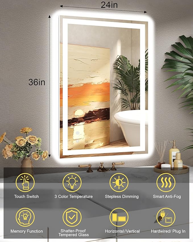 24x36 LED Bathroom Mirror with Lights, Super Bright Front & Backlit Vanity Mirror for Wall, Anti-Fog & Memory Smart Mirror, 5mm Shatter-Proof Tempered Glass, ETL Listed, Vertical/Horizontal