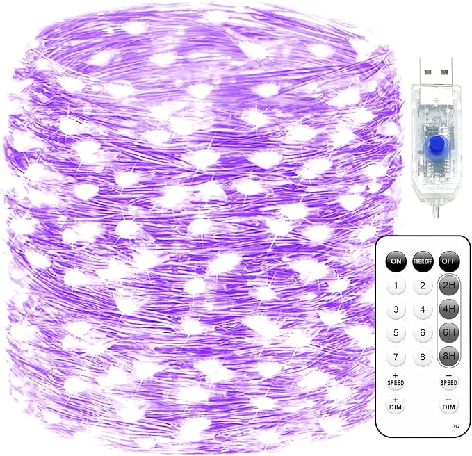 Fairy Lights 66ft 200 LED USB Twinkle String Lights Plug in Silver Wire Lights with Remote and Timer 8 Modes Outdoor Waterproof Starry Lights DIY Party Wedding Christmas Decoration（Purple）