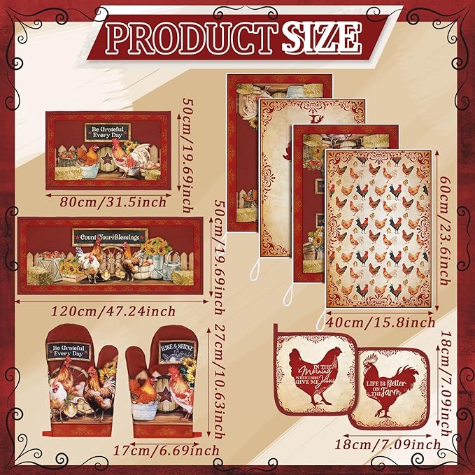 Fourluoo 10 Pcs Rooster Kitchen Set Kitchen Towels and Rugs Oven Mitts and Pot Holders Rooster Decor for Gift Cooking Baking Grilling