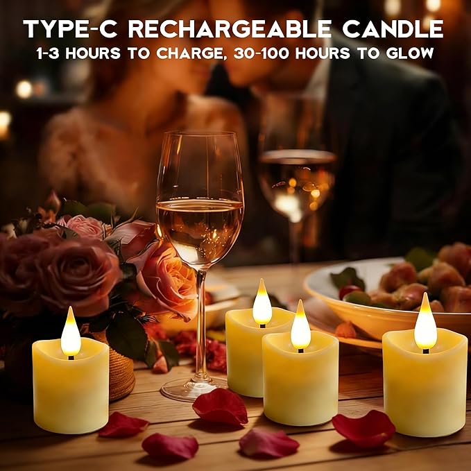 6Pcs Rechargeable Tea Lights: 1.5"x2.2" Flameless LED Votive Candles with Remote & Timer, USB Battery Operated Flickering Fake Tealights for Home Wedding Centerpiece Table Decor, Anniversary Christmas