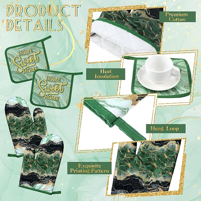 Bencailor 6 Pcs Marble Kitchen Decor Gold Pot Holders Oven Mitts 2 Dish Towels 2 Farmhouse Cooking Mittens Oven Glove and Potholder for Baking Cooking Grilling Supply Accessories(Green)