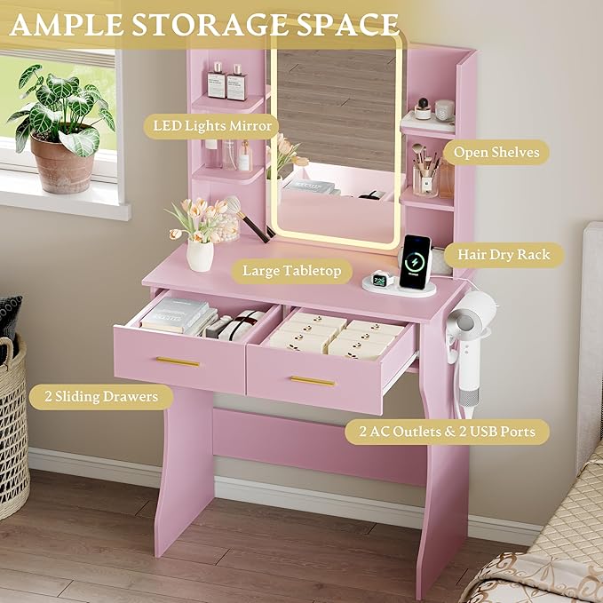 Vanity Desk with LED Lights Mirror & Power Outlet, Small Makeup Vanity Table Set with Storage Drawers, 3 Lighting Modes & Adjustable Brightness, Dressing Table for Women Girls Bedroom, Pink(NO Stool)