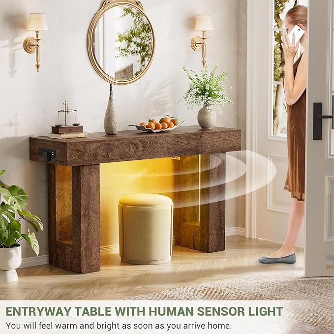 Unikito 47" Entryway Table with Socket and Sensor Light, Narrow Console Table with Storage Behind Couch, Farmhouse Entry Way Tables with Open Storage for Entrance/Hallway/Living Room Rustic Oak