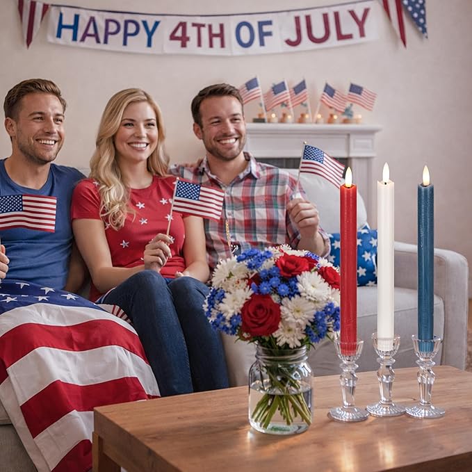 Patriotic Flameless Candles with Remote and Timer, Real Wax Red White and Blue Candles for 4th of July Decorations, Battery Operated Candles for Independence Day Celebrations, 3Pack