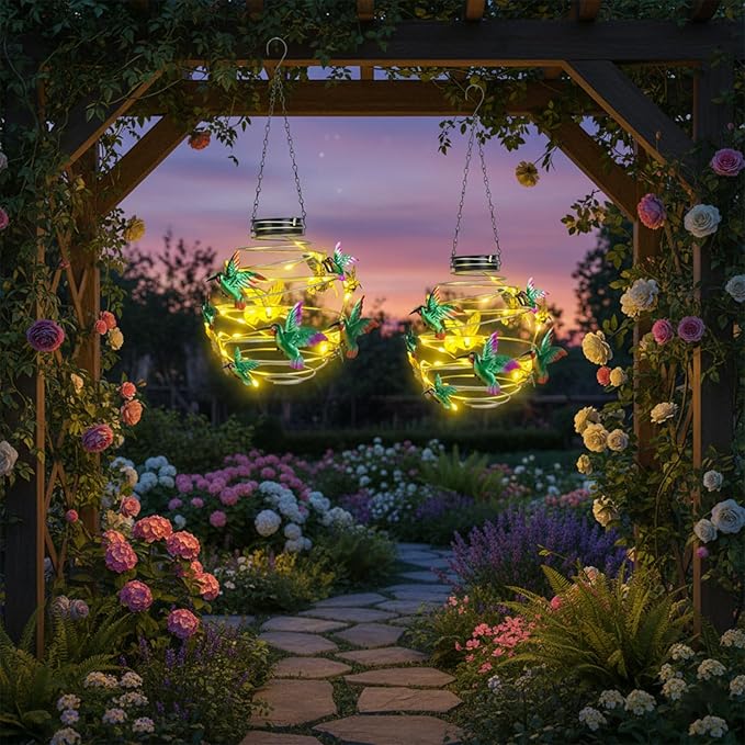 2 Pack Hummingbird Solar Lights Outdoor Hanging Lantern with Handle, Solar Powered Hummingbird Garden Decor for Outside Patio Yard Porch Pathway Hummingbird Gifts for Women (Warm White LED Lights)