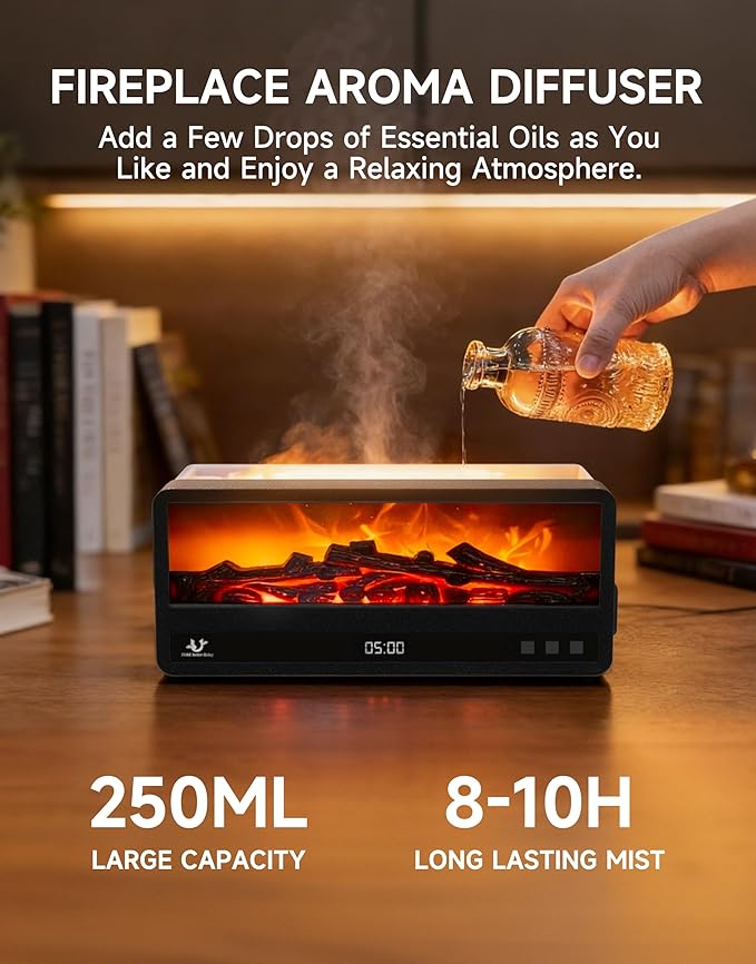 Fireplace Essential Oil Diffuser with Realistic Flame Effect, 250ML Aroma Diffuser, 7 Color LED Lights, Remote Control, Quiet Mist for Bedroom Home Office (Black)