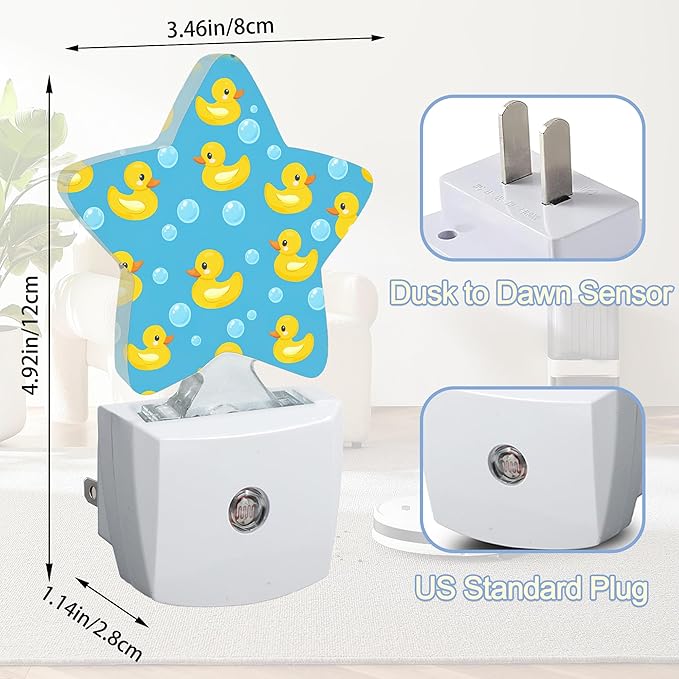 Cute Duck Night Lights Plug Into Wall,Yellow Cartoon Rubber Ducks Star Night Light for Kids,Nightlight with Dusk to Dawn Smart Sensor for Bedroom Bathroom Decor,Children Women Men Gift
