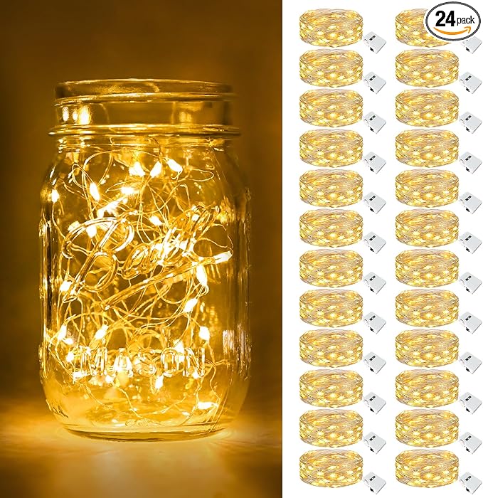 btfarm 24 Pack Fairy Lights Battery Operated [3 Modes], 7ft 20 Led Twinkle Lights String Lights Waterproof Bulk Small Mini Silver Wire for Christmas Mason Jars Wedding Table Centerpiece, Warm White