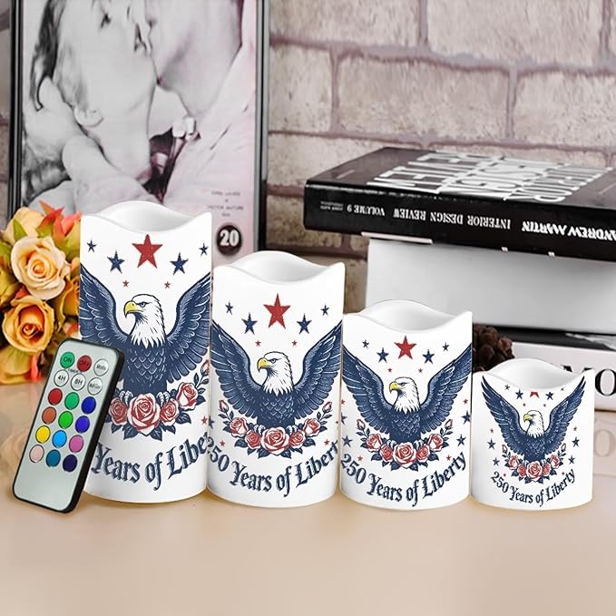 American Flag Flameless Candles 250th Anniversary Bald Eagle LED Battery Operated Remote Control Fourth of July Flickering Patriotic Decor for Independence Day Home Outdoor, 4 Pack
