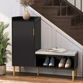 Storage Bench with Fluted Door&Shelf, Modern Entryway Bench with Padded Seat, L-Shaped Shoe Organizer Cabinet for Hallway, Living Room, Office, Black
